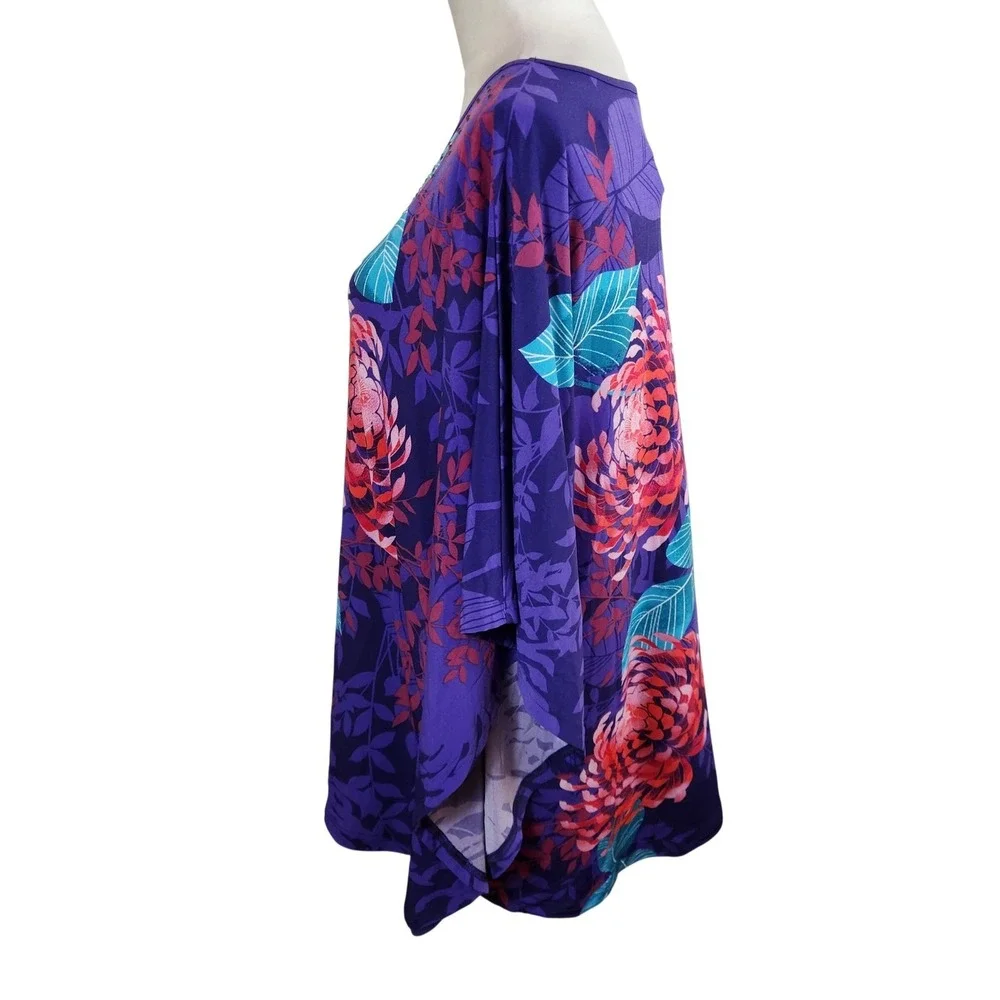 Quacker Factory Jeanne Bice Purple Floral Rhinestone V-Neck Poncho Top Sz XL NWT